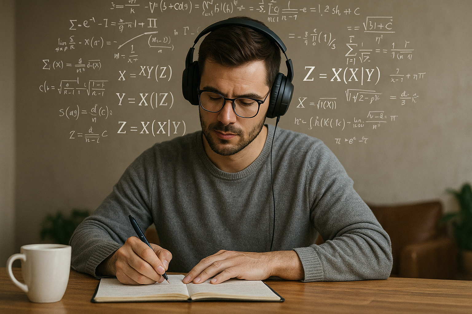 Headphones and notebook, creative formulas sketched