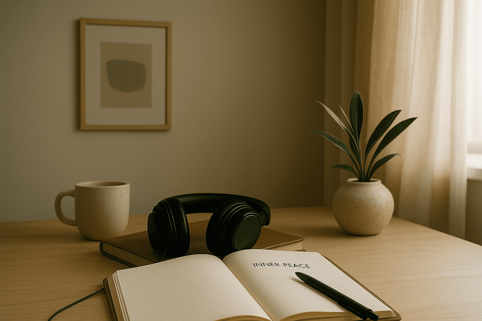 Serene desk with headphones and notebook